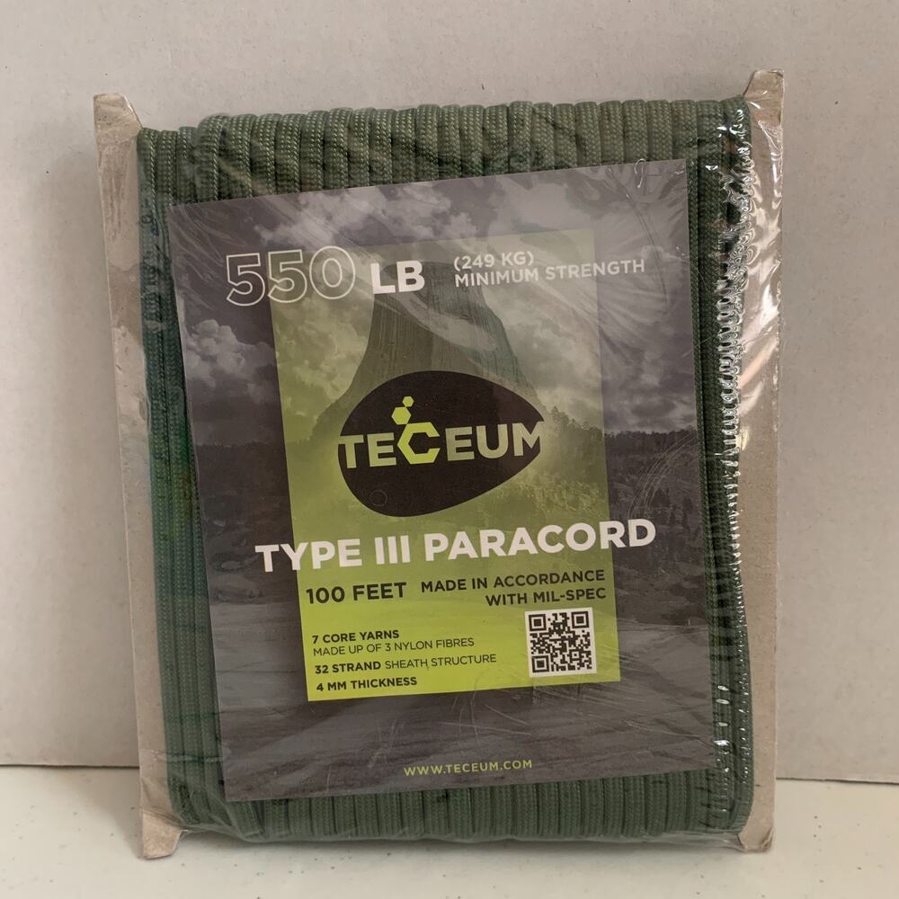 Teceum 550LB type 3 paracord 100 ft. 32 Strand Sheath 7 Core Yarns 4MM thickness